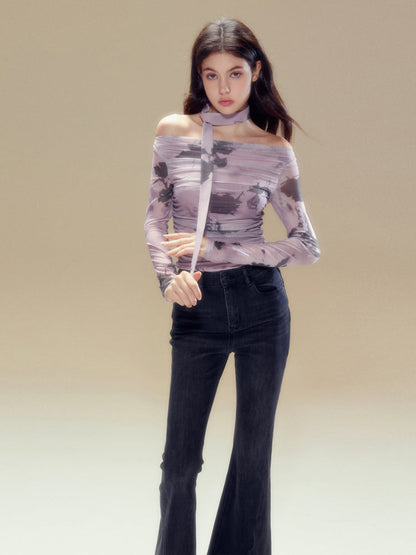 Purple Rose Printed Mesh Long Sleeve T-shirt