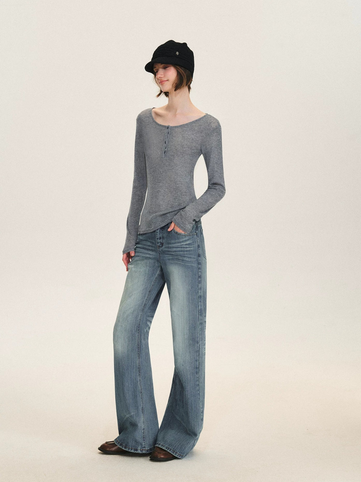 Ribbed Henley Long Sleeve Top