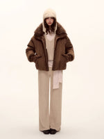 Detachable Fur Collar Short Down Jacket & Gloves Set