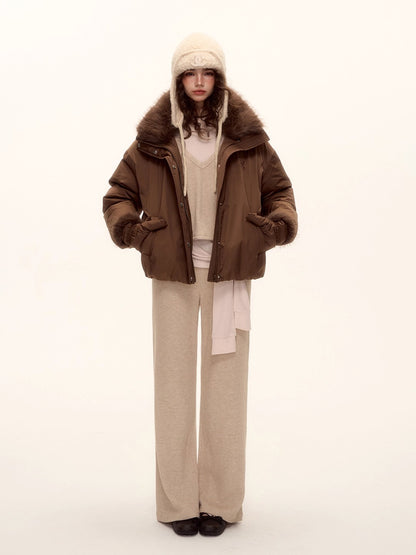 Detachable Fur Collar Short Down Jacket &amp; Gloves Set