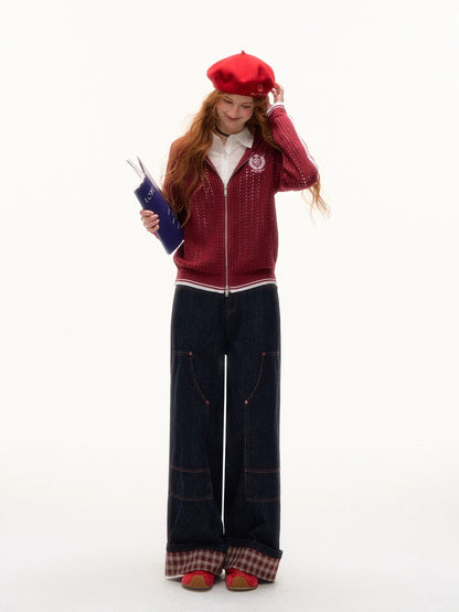 Yellow &amp; Red Plaid Hem Denim Pants