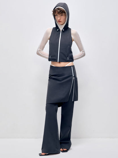 Color Blocking Fake Two-piece Zipper Slightly Flared Skirt
