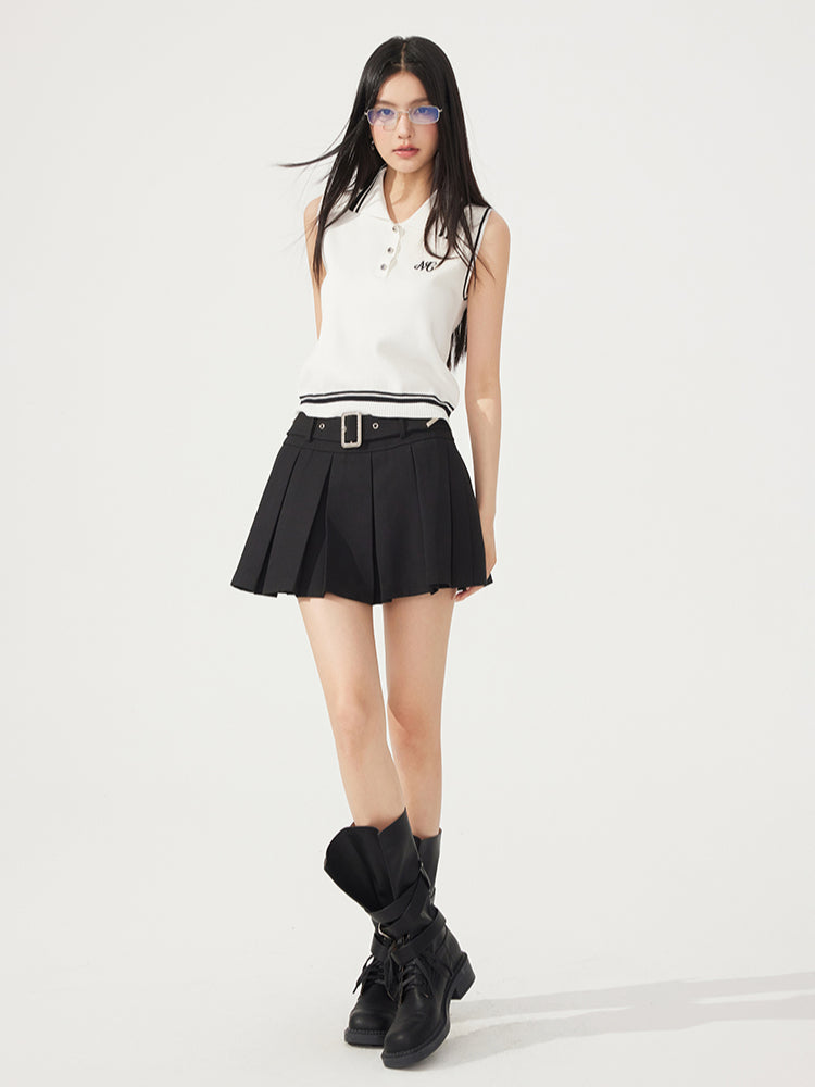 Contrast-Color Knitted Polo Collar Sleeveless Tank Top
