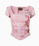 Pink & Yellow & Black Fitted Plaid Square Neck Top