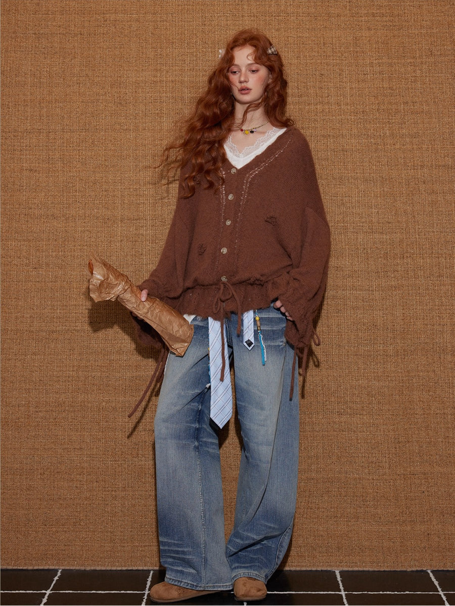 V-Neck Floral Tie Wool-Blend Knit Cardigan