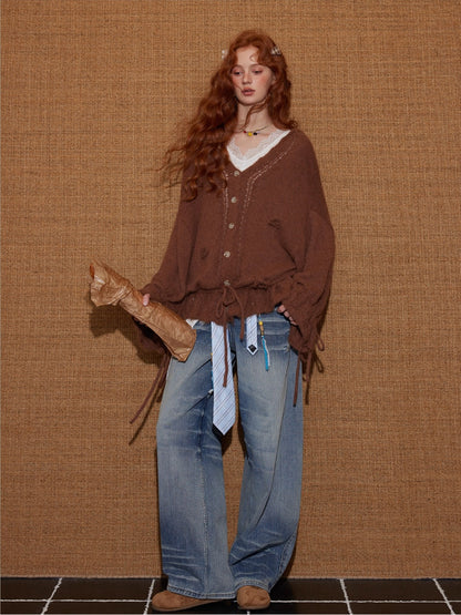 V-Neck Floral Tie Wool-Blend Knit Cardigan