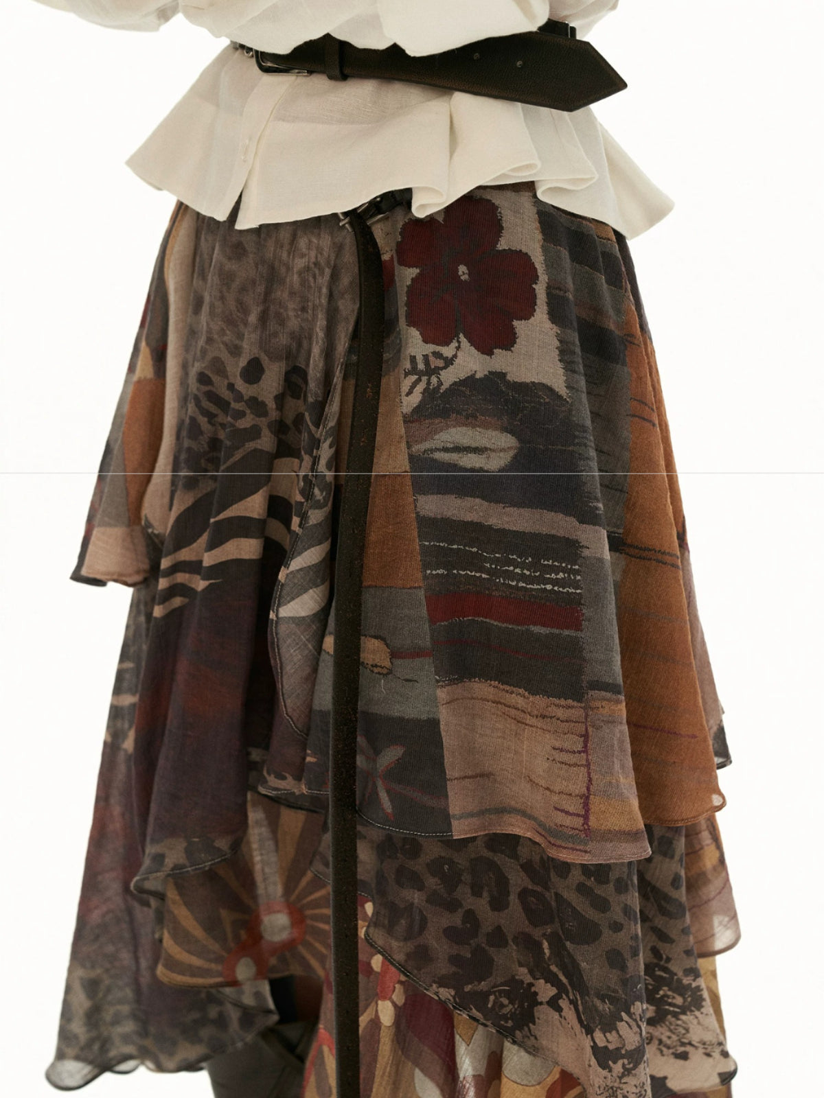 Layered Printed Ruffle Midi Skirt