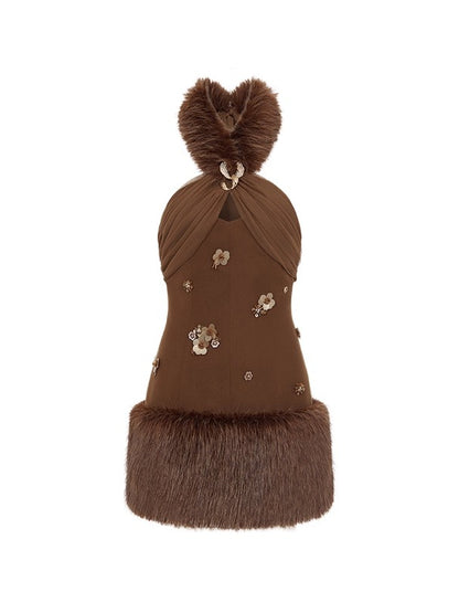 Vixen Faux Fur Halter Floral Dress Set