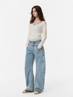 Double Waistband Washed Barrel Jeans