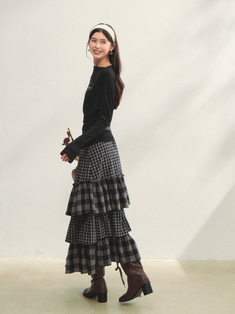 Plaid Patchwork Lace Waist Layered Cake Skirt
