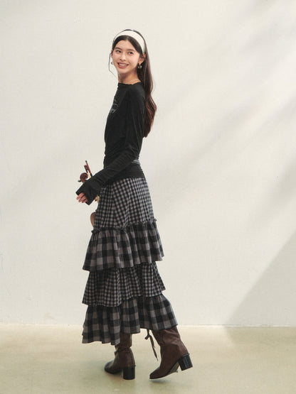 Plaid Patchwork Lace Waist Layered Cake Skirt