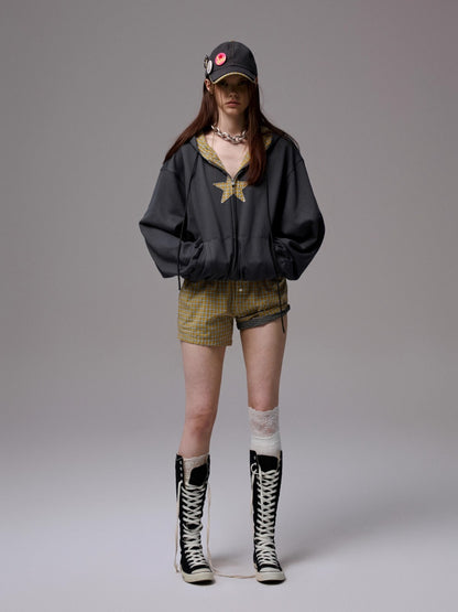 Oversized Star Panel Balloon Hem Hoodie