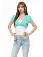 Mint Bubble Sleeve Layered Top Set