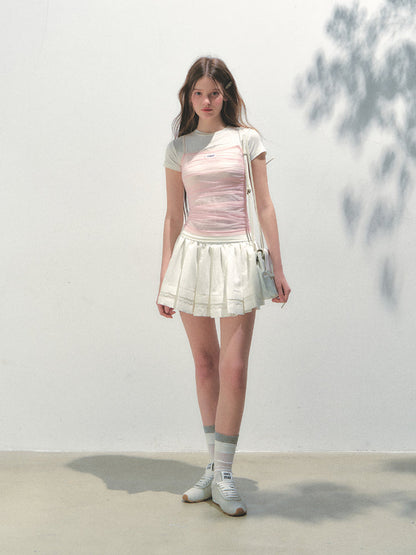 Contrast Color Fake Two-piece Mesh Lace Short-sleeve T-shirt