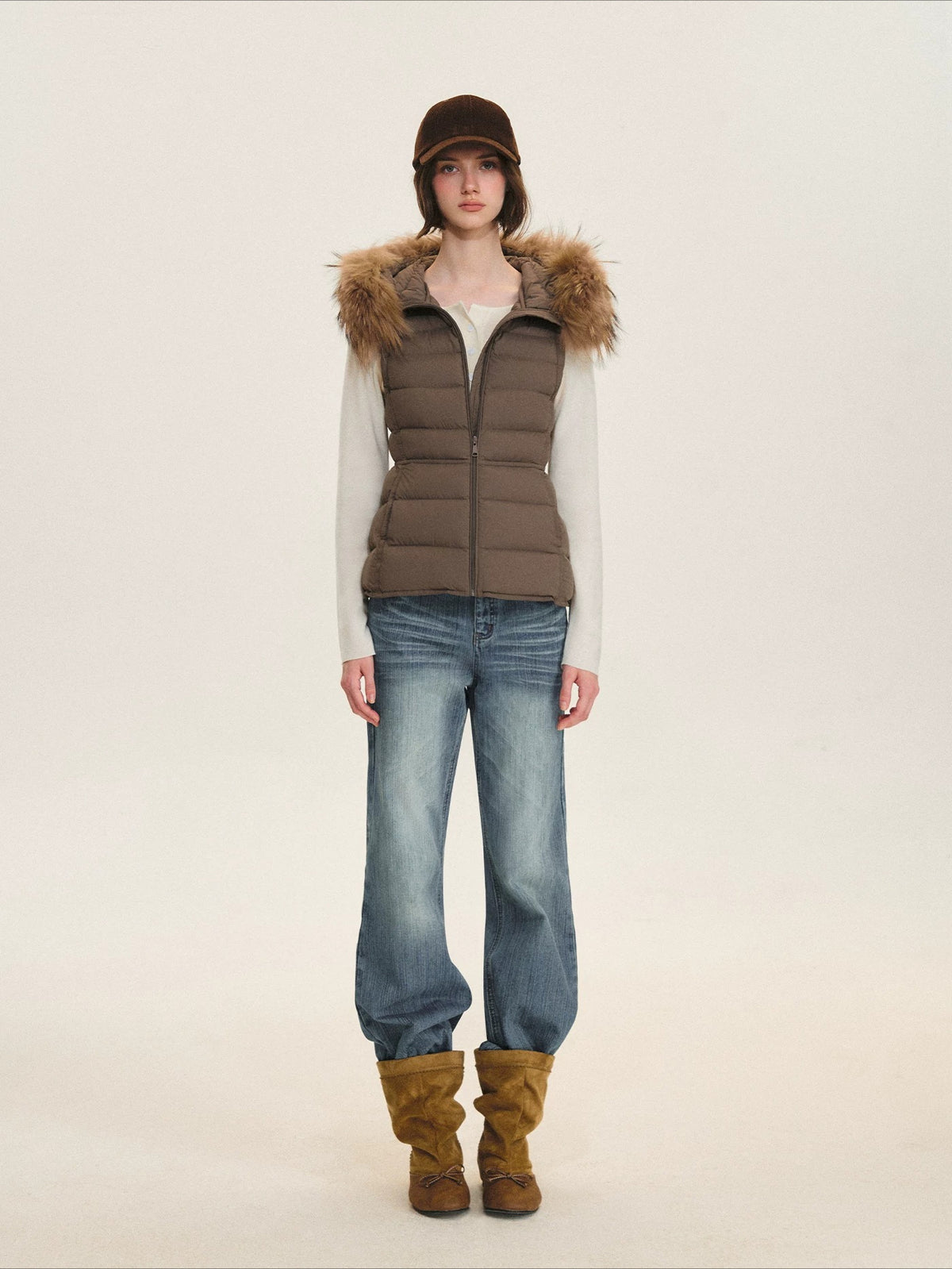 Detachable Fur Collar Waist-Fitted Down Vest