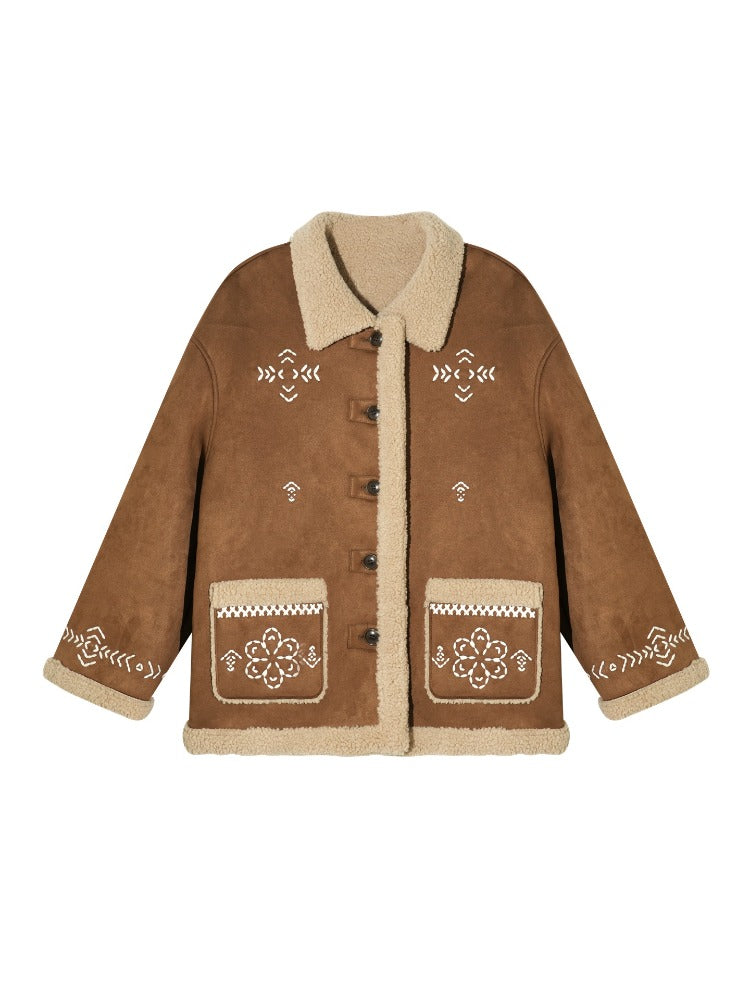 Shearling Embroidered Suede Jacket