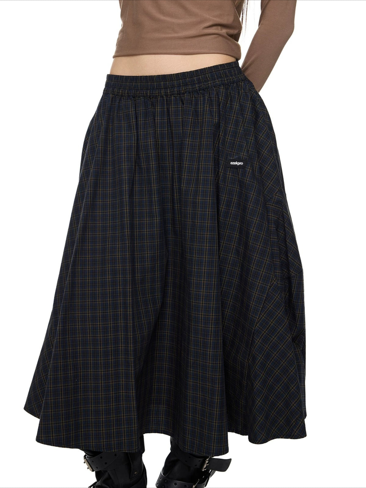 Plaid Gathered Midi Skirt