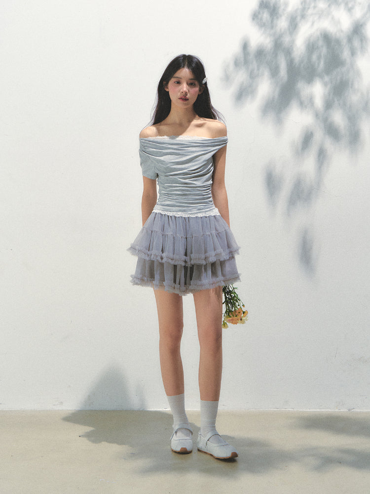 Grey Mesh Tiered A-Line Skirt