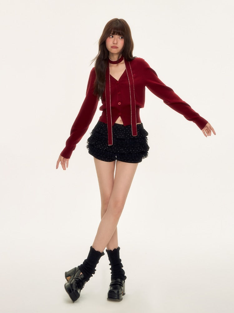 Vintage Red V-neck Knit Cardigan