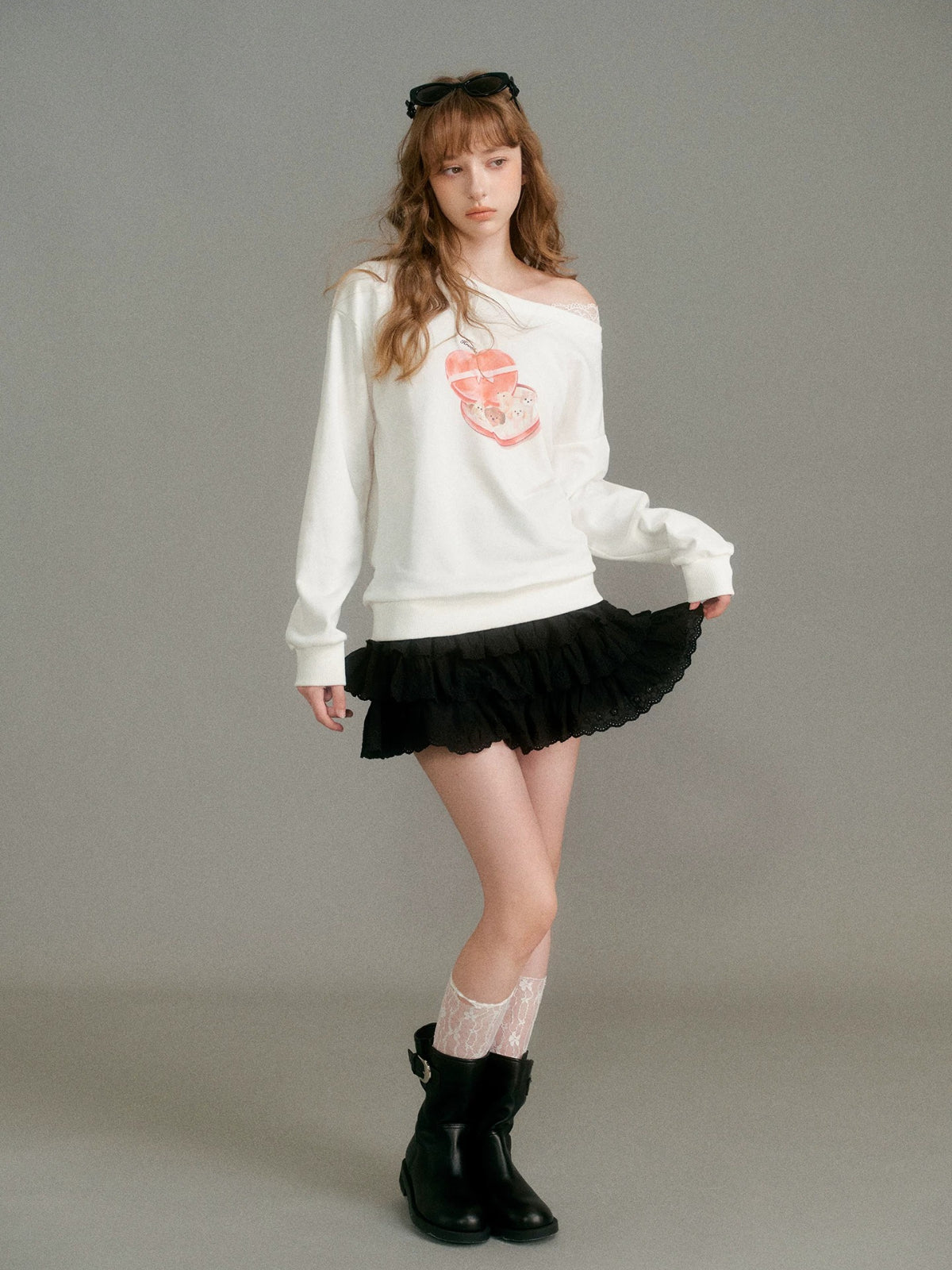 Lace Puppy Print Sweatshirt
