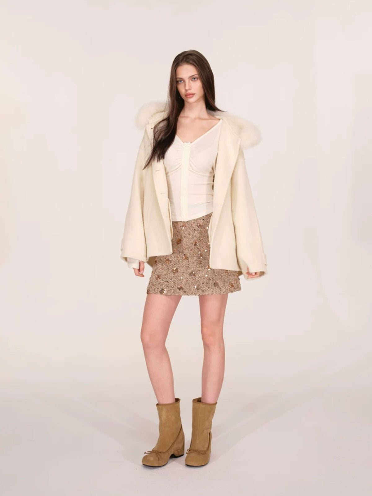 Sequined Contrast Waist Tweed Mini Skirt