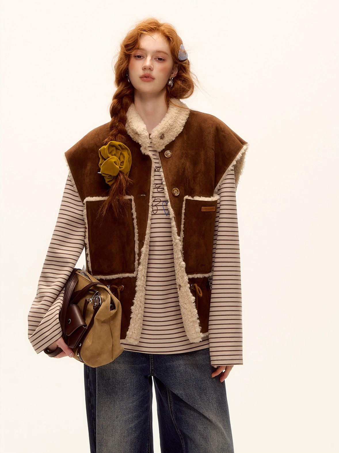 Reversible Suede Drawstring Shearling Vest