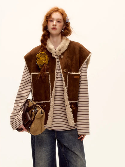 Reversible Suede Drawstring Shearling Vest