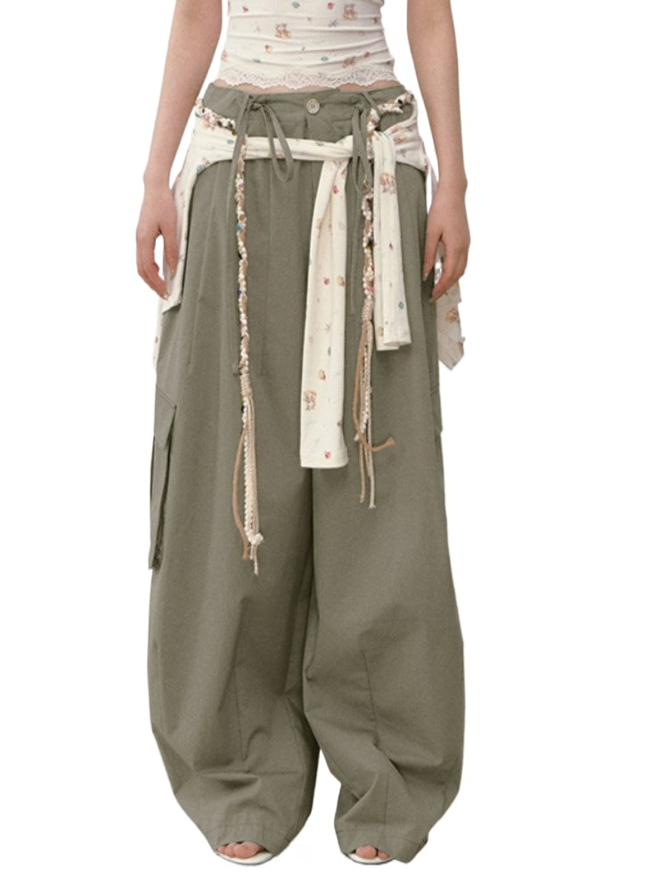 Wide-Leg Beaded Cargo Large Pockets Pants