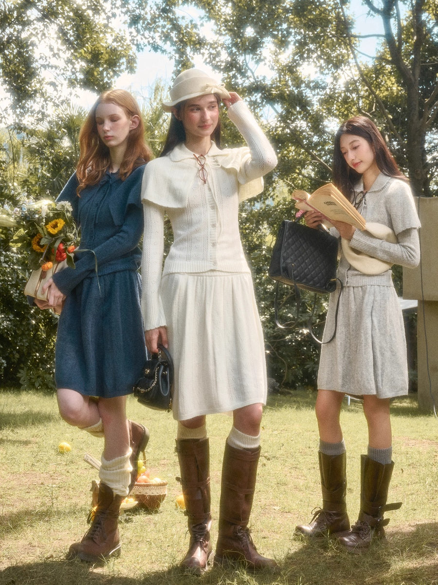 Snow Library Wool Knit Cape Cardigan &amp; Skirt Set