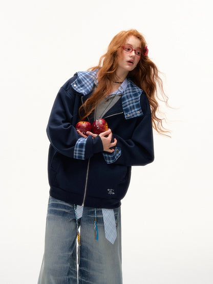 Plaid Patchwork Hoodie Cardigan