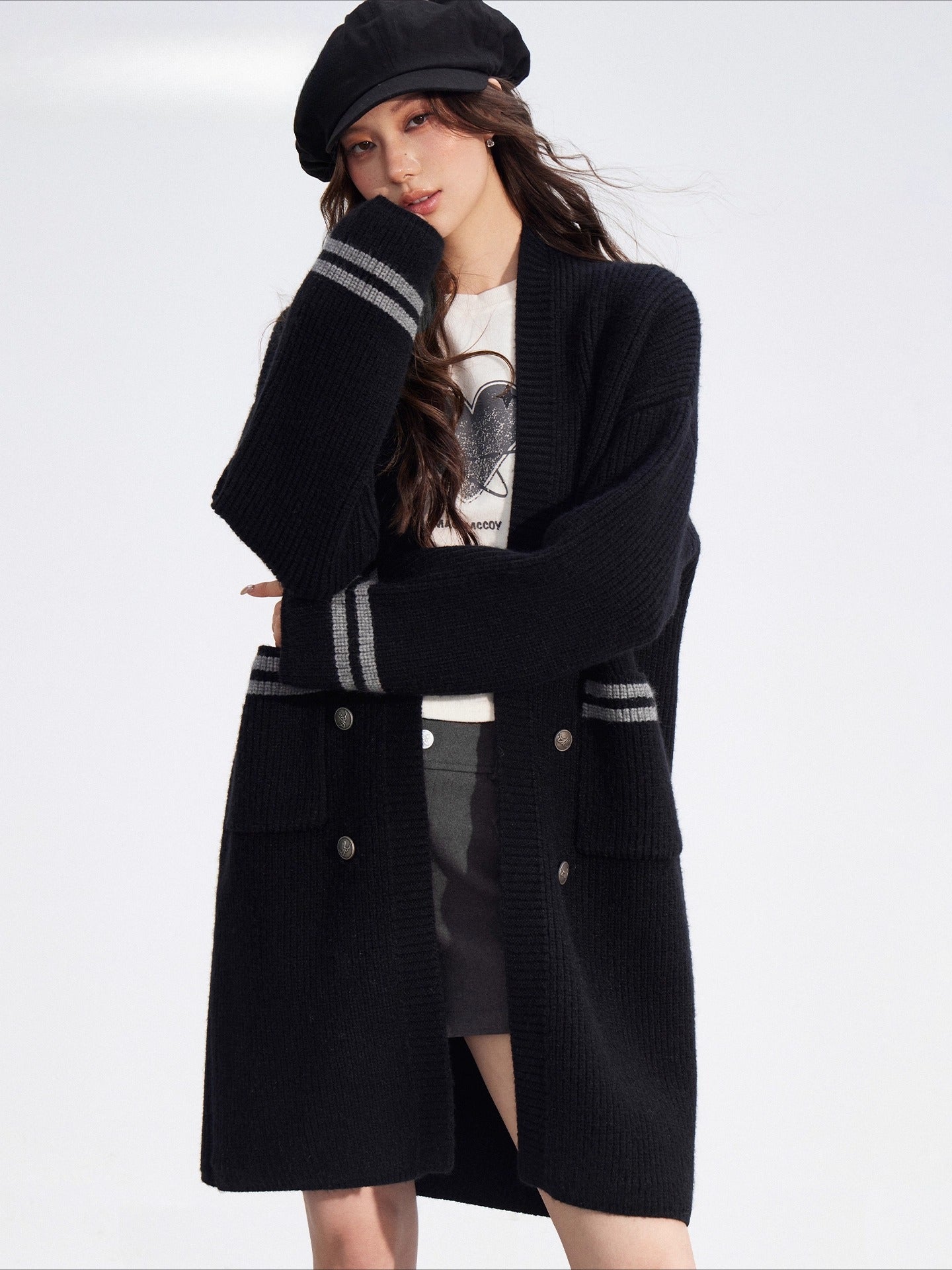 Detachable Collar Long Knit Coat
