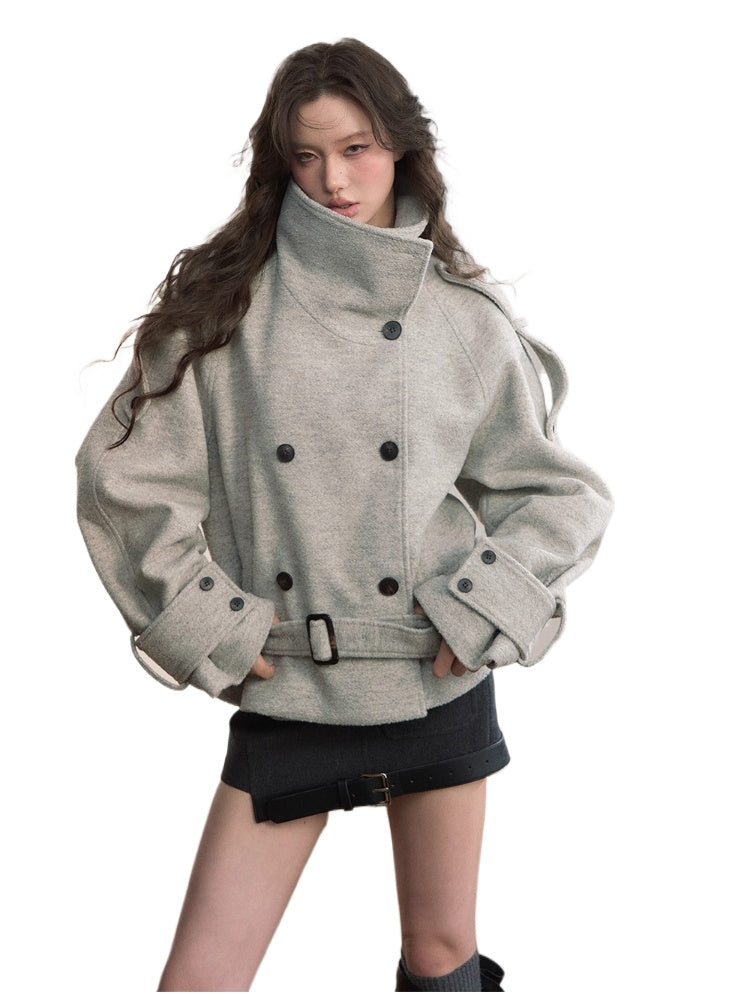 Contrast Double-Breasted Wool-Blend Coat