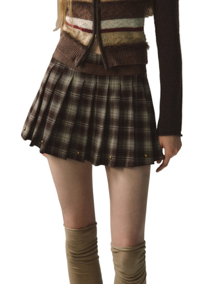 Red &amp; Coffee Plaid Pleated Mini Skirt