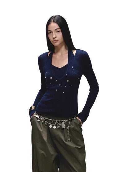 Wool Halter Sequin Long-Sleeve Top