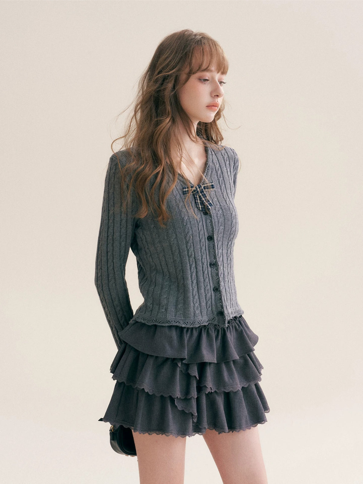 Plaid Bow Knit Cardigan