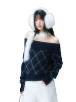 Navy Blue Off-shoulder Diamond-pattern Knit Sweater