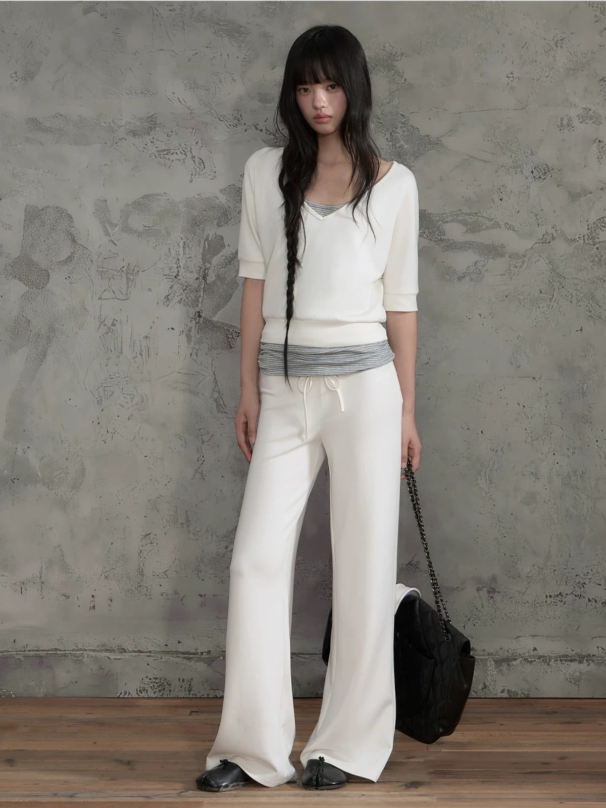 Contrast Waist Wide Leg Pants
