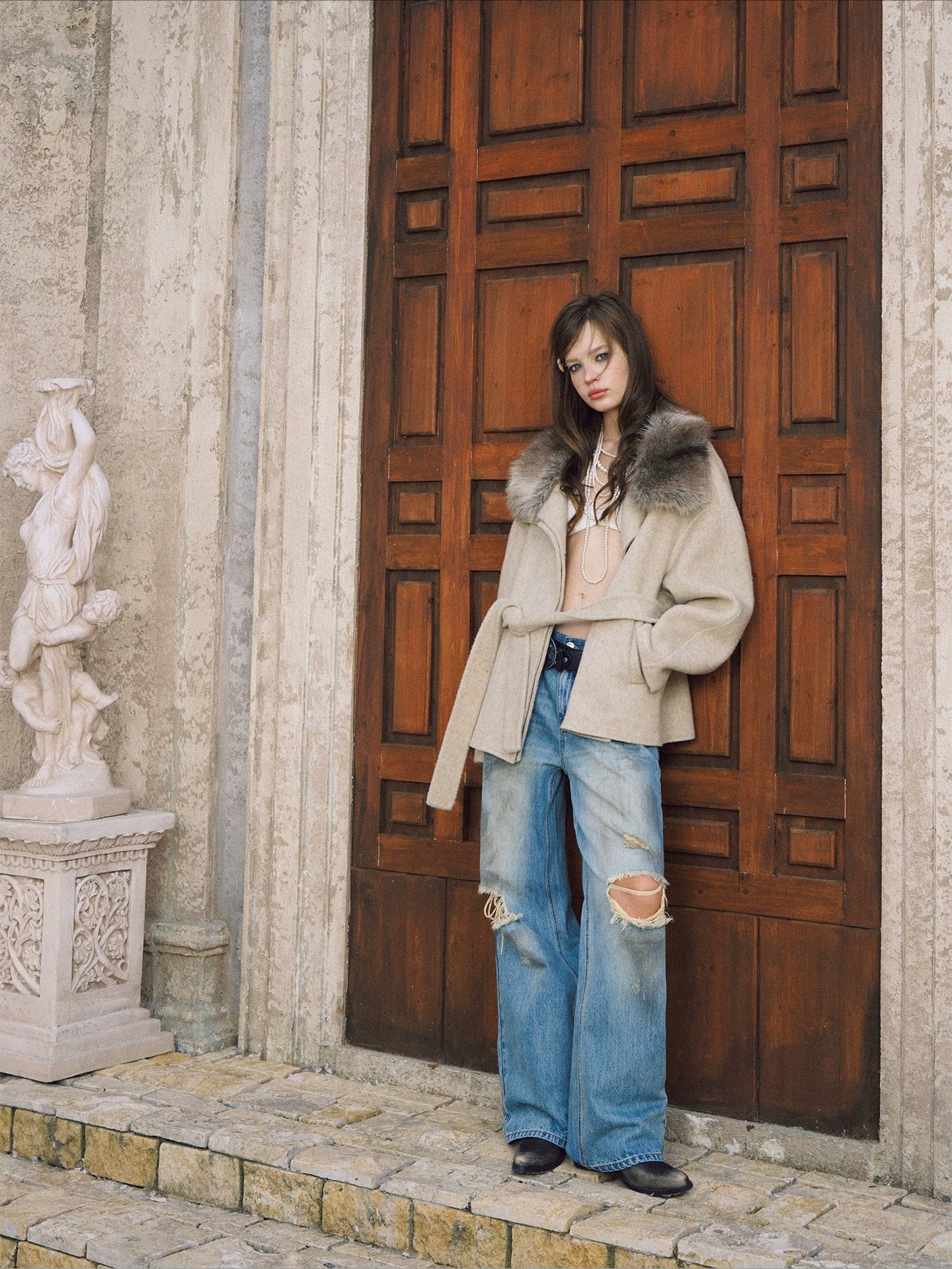 Distressed Low-Rise Wide-Leg Jeans