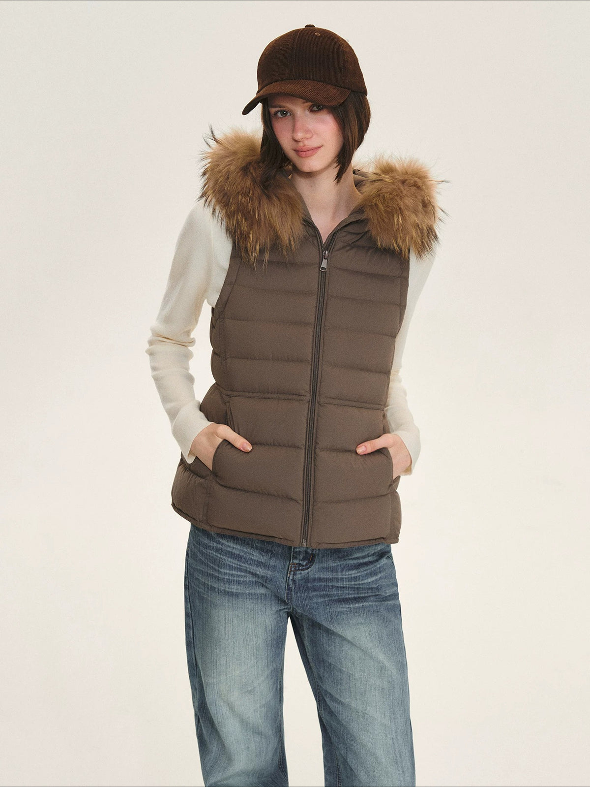 Detachable Fur Collar Waist-Fitted Down Vest