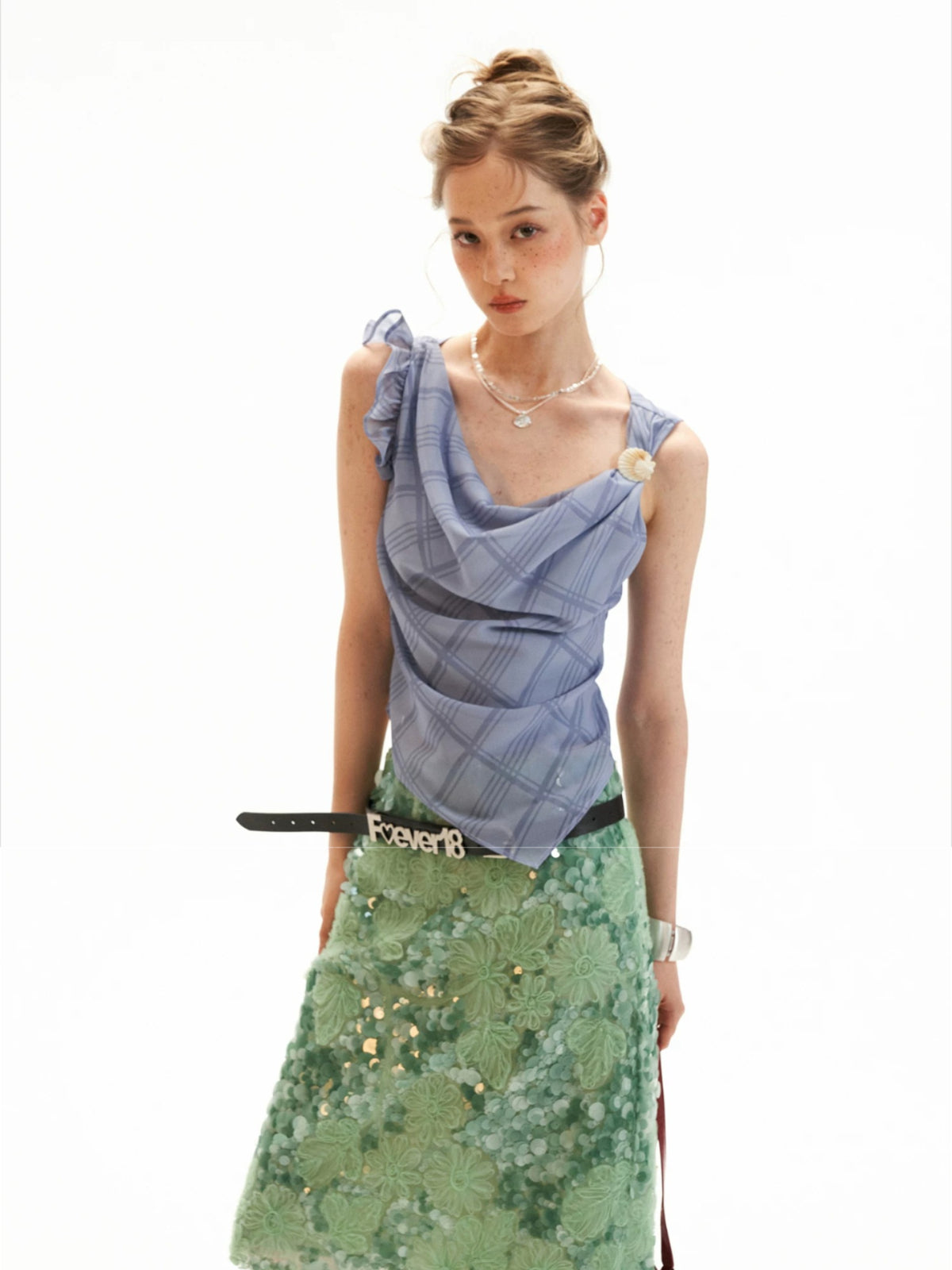 Asymmetric Pearl Chiffon Layered Top