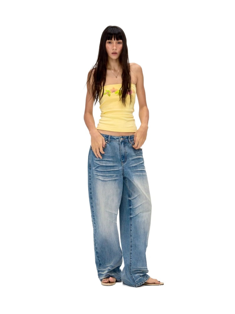 Washed Blue Drapey Wide-Leg Jeans