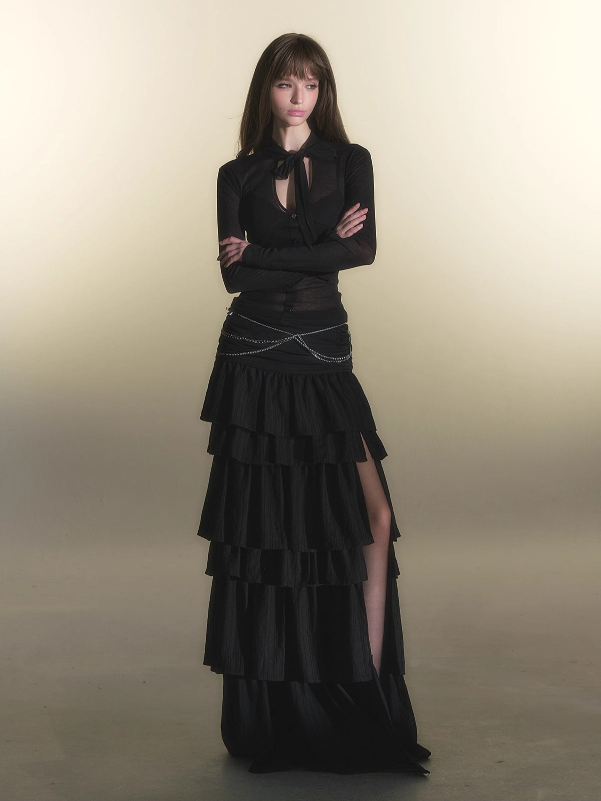 Black V-neck Tencel Wool Long Sleeve Tee