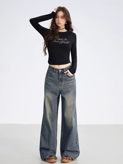 Leather-Patch Wide-Leg Denim Pants