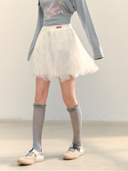 High-Waist Lace Tie Puff Skirt