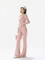 Dusty Pink Zip-Up Knit Pants Set