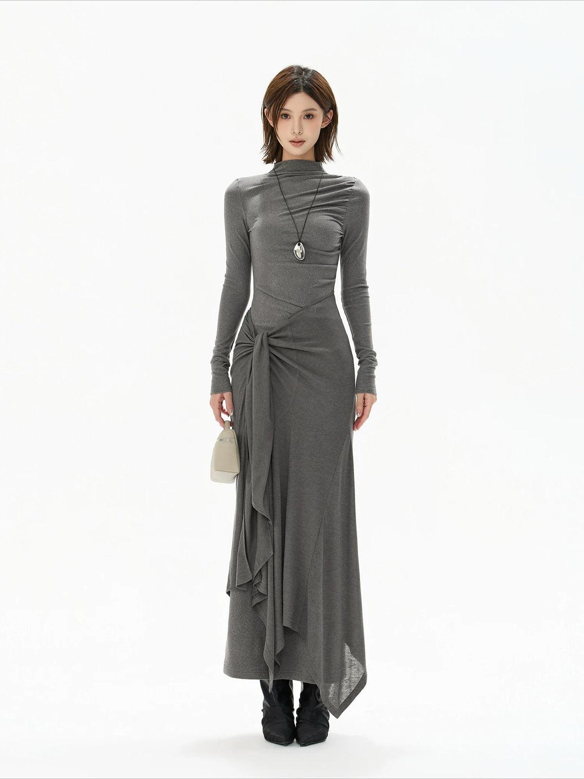 Gray Tie Detail High Neck Knit Dress