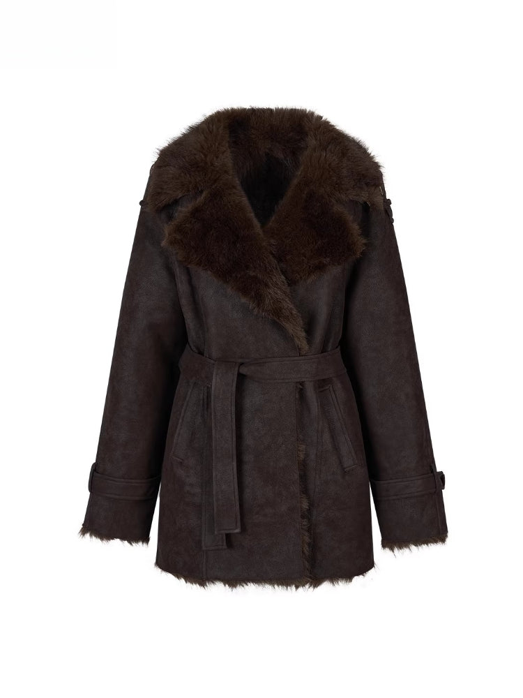 Faux Shearling-Lined PU Belted Coat