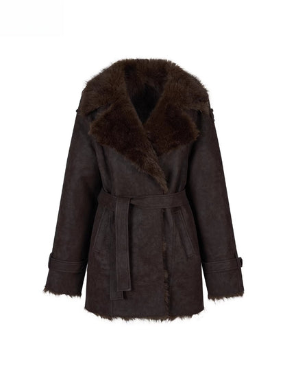 Faux Shearling-Lined PU Belted Coat