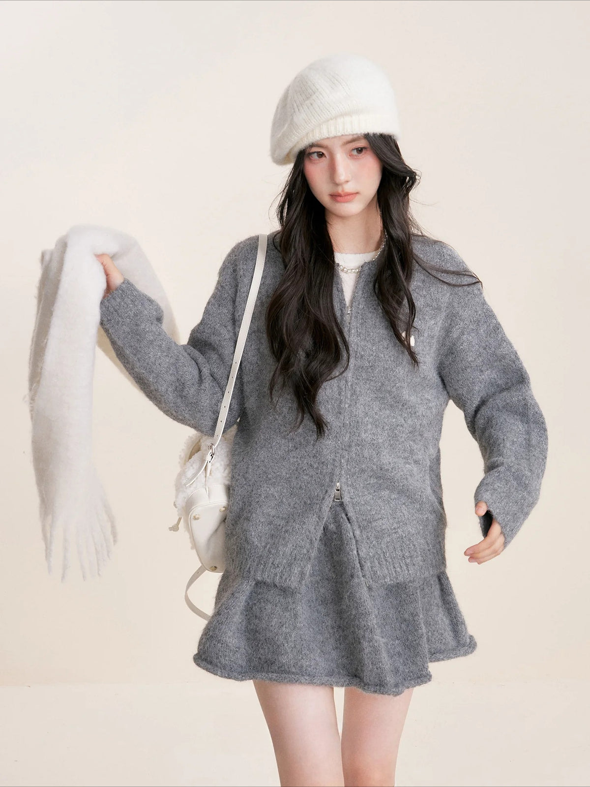 Gray Flocked Puppy Wool Blend Knit Set