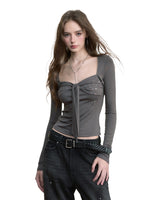 Bow Rhinestone U-neck Blouse
